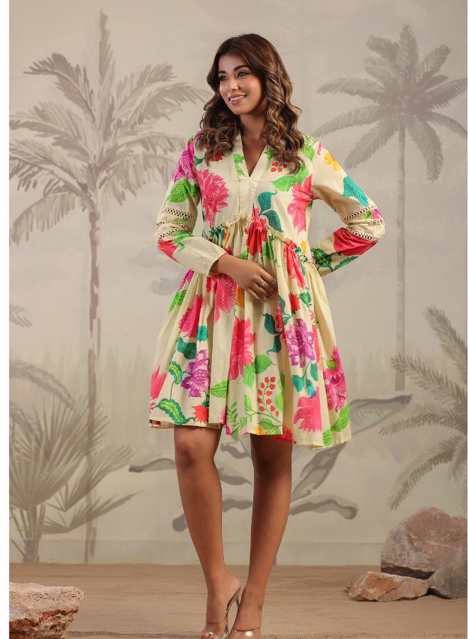 Cream Floral High-Low Dress – Elegant & Breezy Summer Fashion