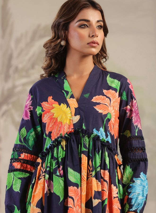 Navy Blue Floral High-Low Dress – Bold & Elegant Summer Wear