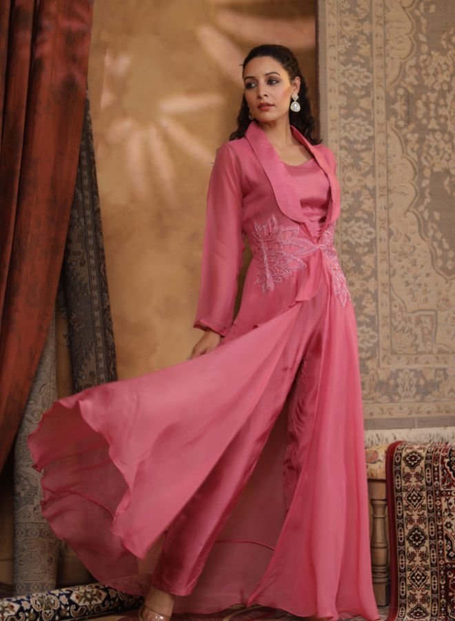 Elegant Pink Embroidered Gown with Jacket for Festive Wear