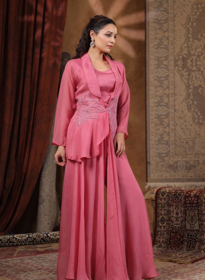 Elegant Pink Embroidered Gown with Jacket for Festive Wear