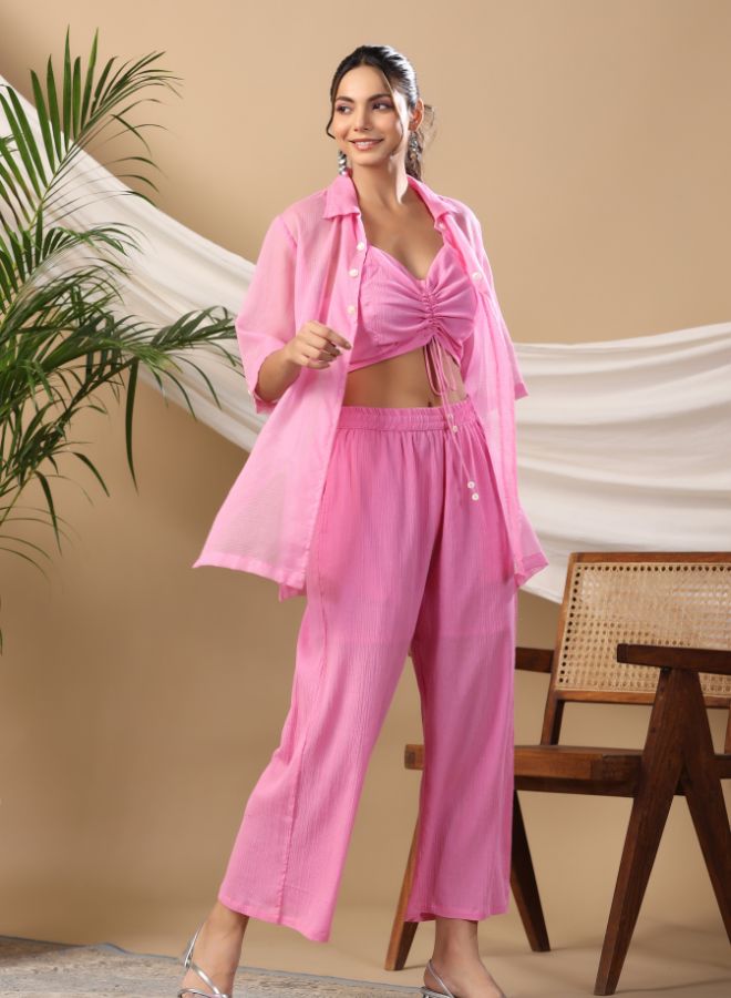 Stylish Pink Three-Piece Co-Ord Set with Ruched Crop Top