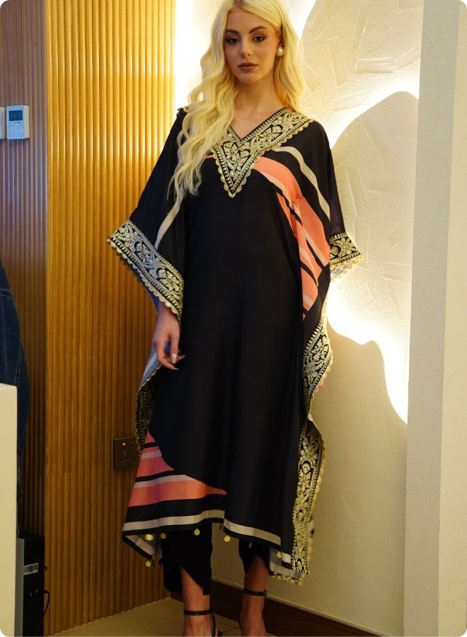 Black Kaftan Set with Pink and Beige Accents
