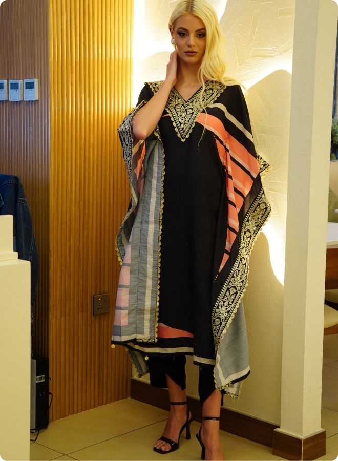Black Kaftan Set with Pink and Beige Accents