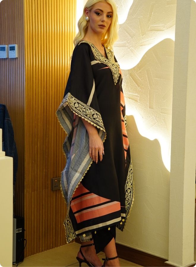 Black Kaftan Set with Pink and Beige Accents