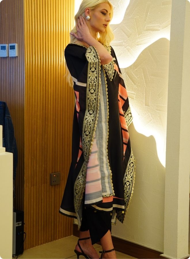 Black Kaftan Set with Pink and Beige Accents