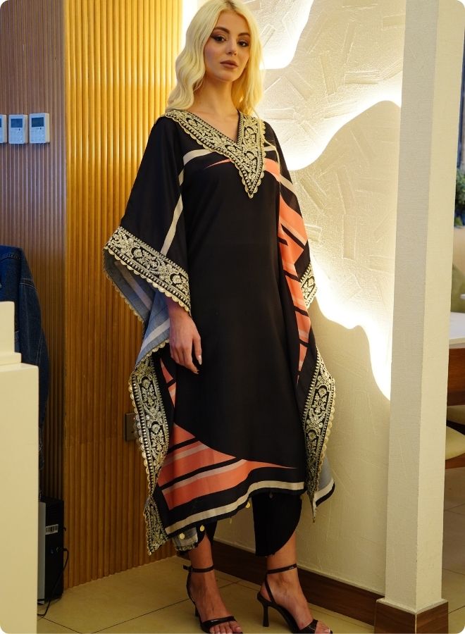Black Kaftan Set with Pink and Beige Accents