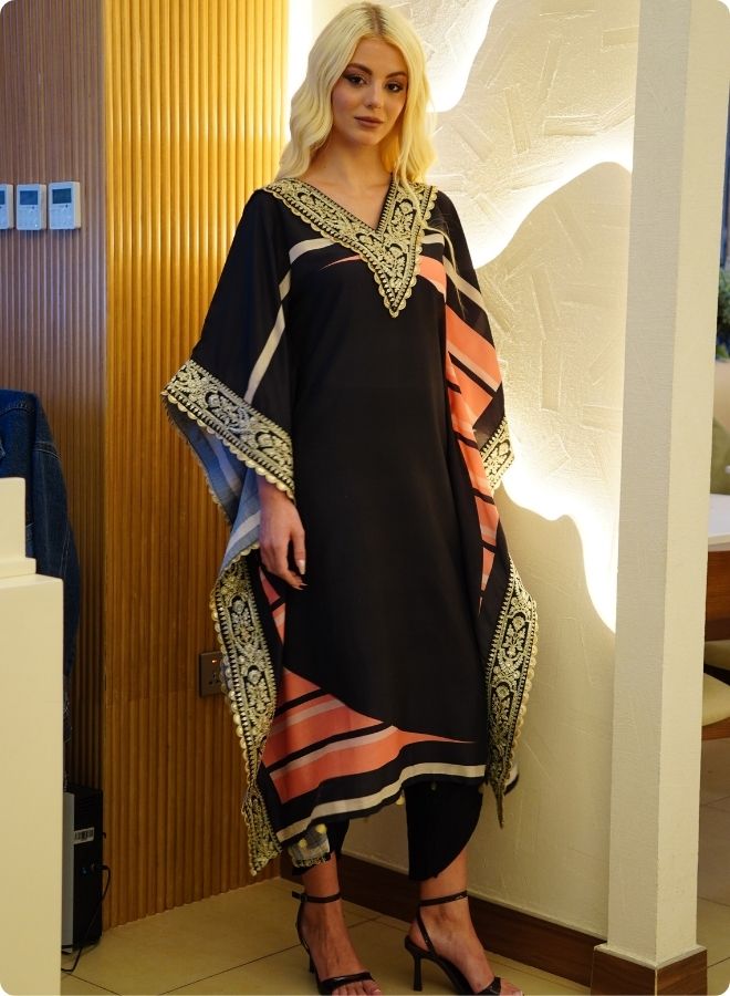 Black Kaftan Set with Pink and Beige Accents