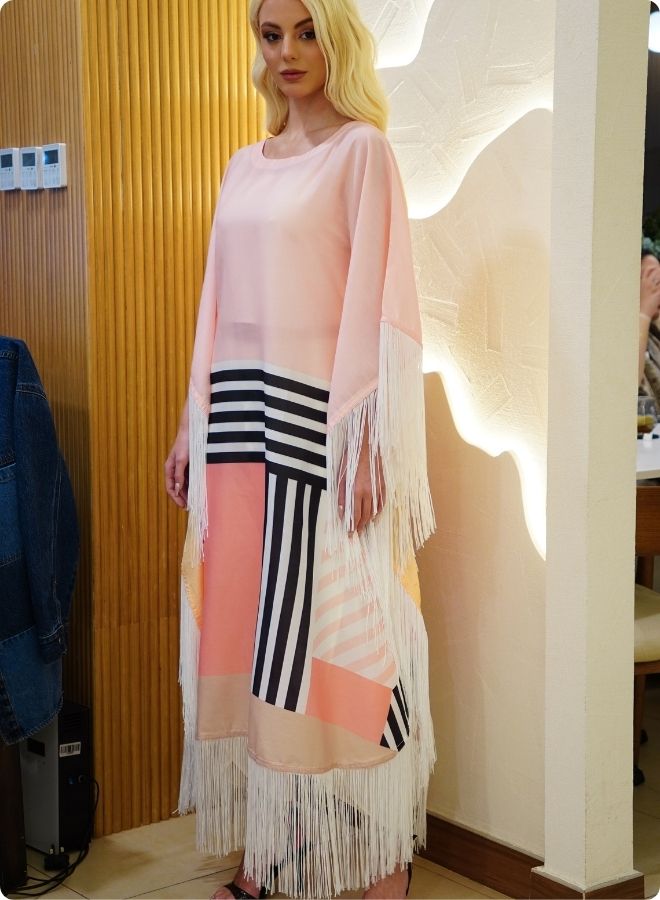 Pink Colorblock Kaftan Set with Striped Detail