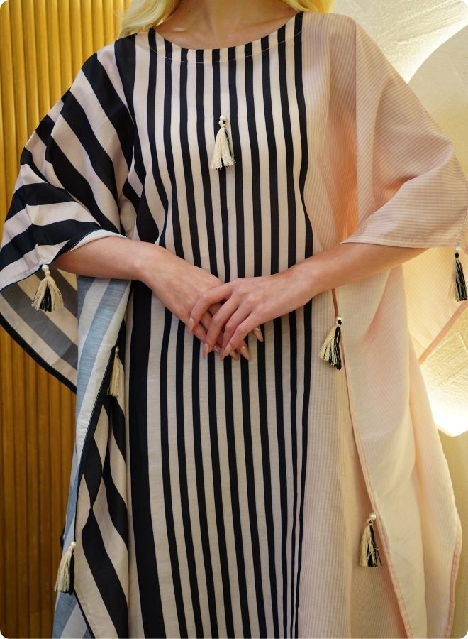 Beige and Black Striped Kaftan Set