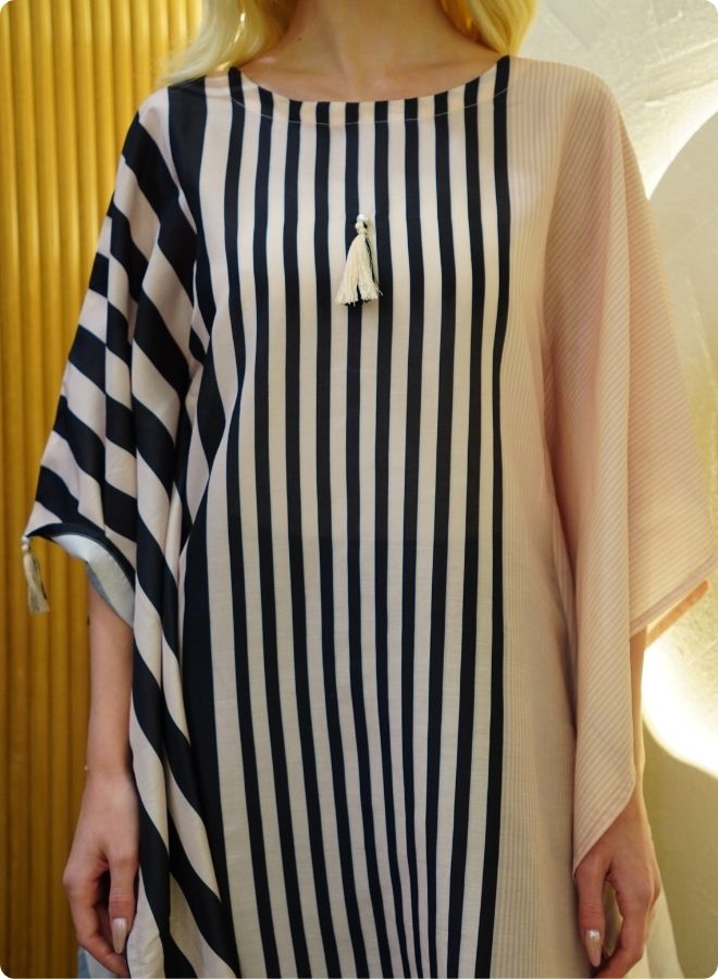 Beige and Black Striped Kaftan Set