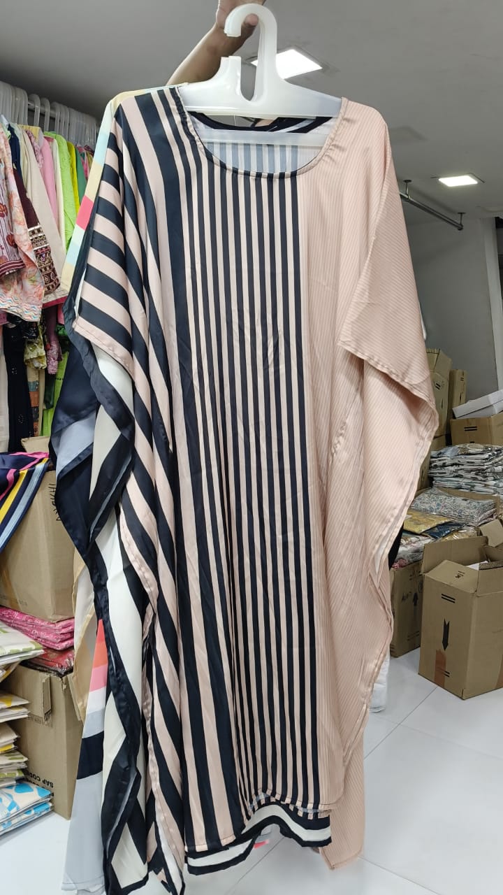 Beige and Black Striped Kaftan Set