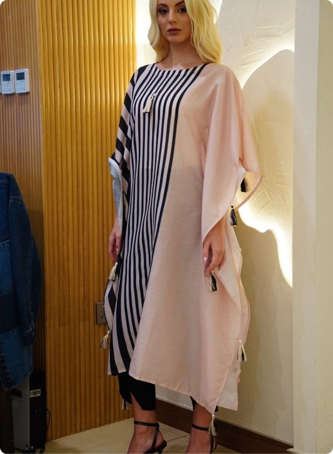 Beige and Black Striped Kaftan Set