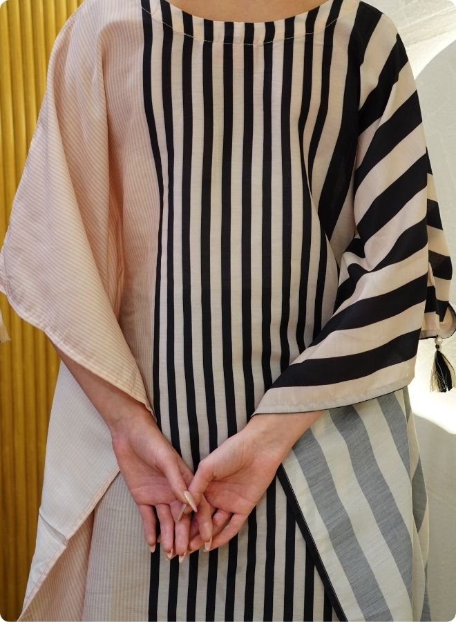 Beige and Black Striped Kaftan Set