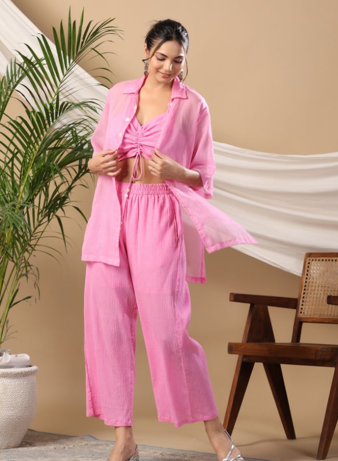Stylish Pink Three-Piece Co-Ord Set with Ruched Crop Top