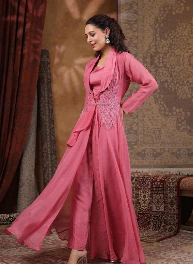 Elegant Pink Embroidered Gown with Jacket for Festive Wear