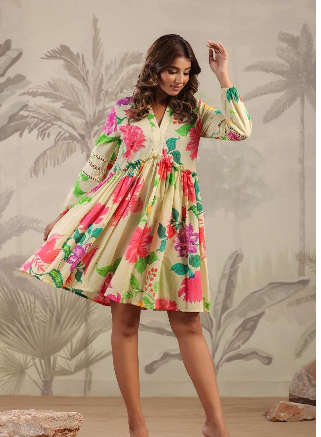 Cream Floral High-Low Dress – Elegant & Breezy Summer Fashion