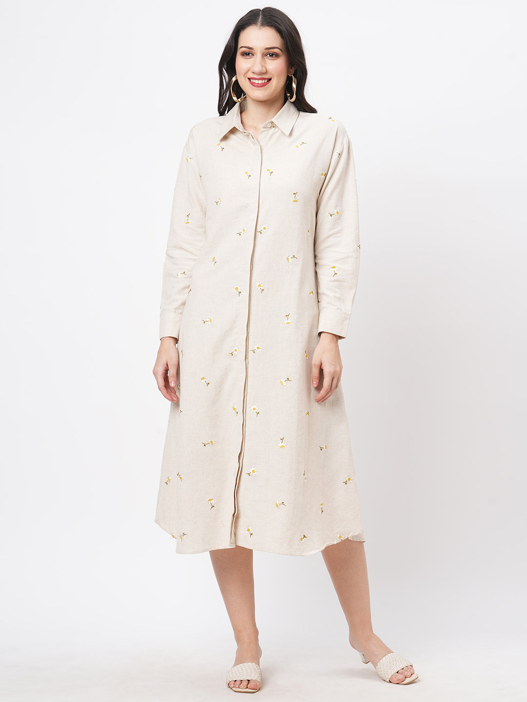 Summery Calf Length Dress With Collar And Concealed Placket And Embroidery On The Front.