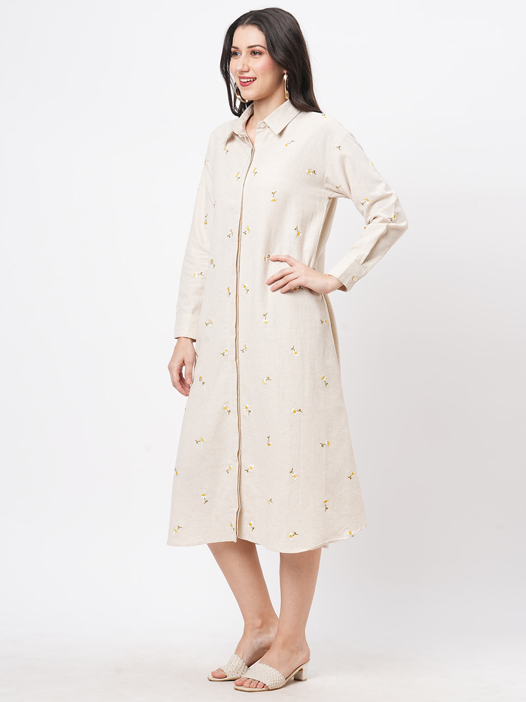Summery Calf Length Dress With Collar And Concealed Placket And Embroidery On The Front.