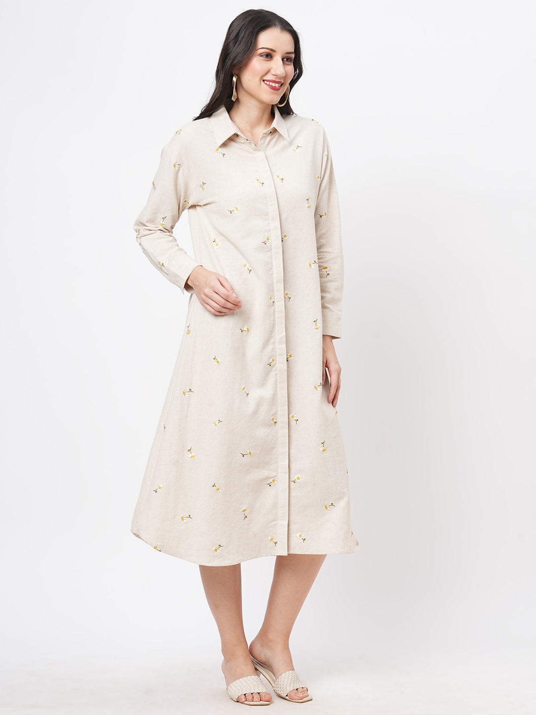 Summery Calf Length Dress With Collar And Concealed Placket And Embroidery On The Front.