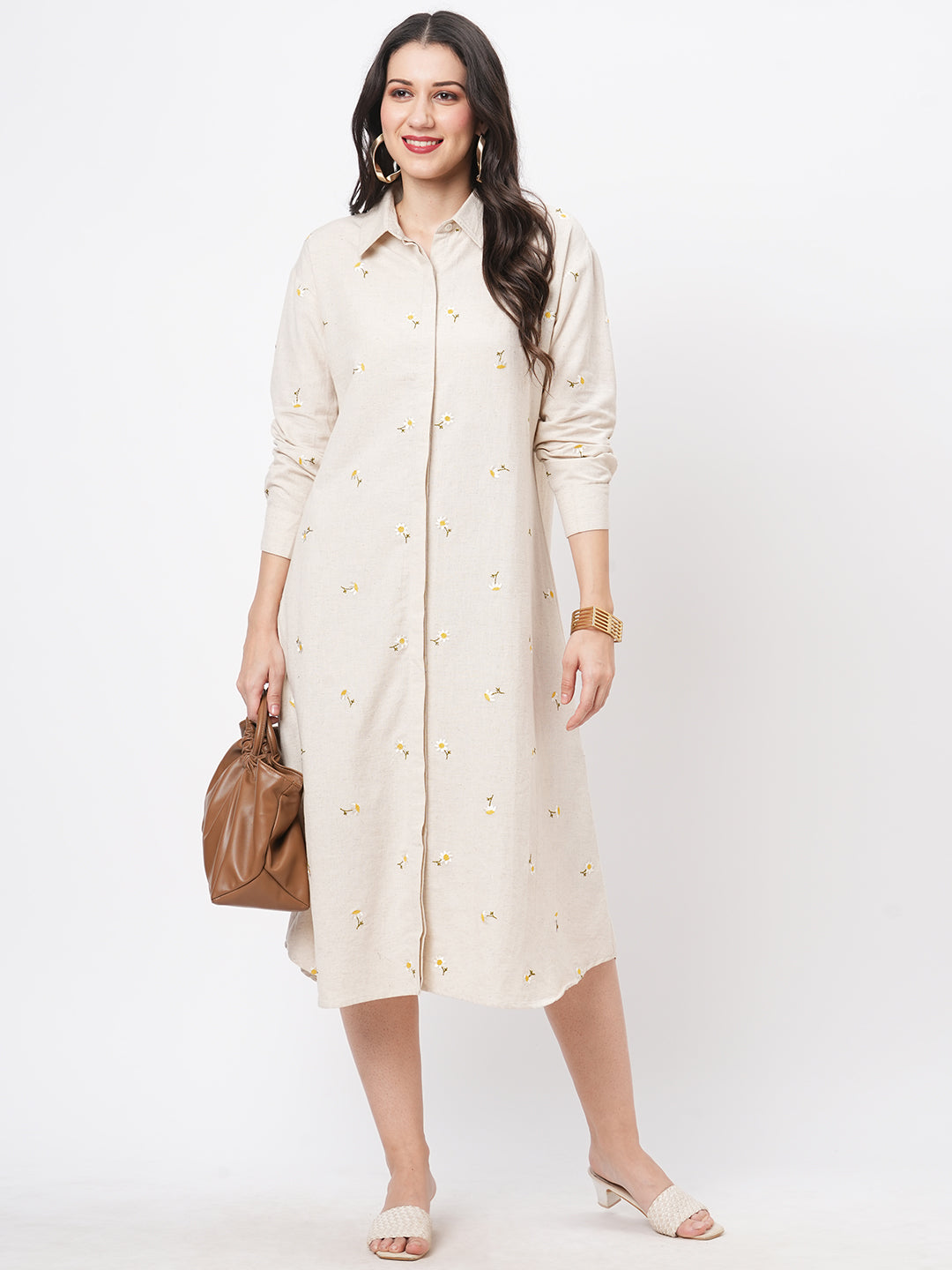 Summery Calf Length Dress With Collar And Concealed Placket And Embroidery On The Front.
