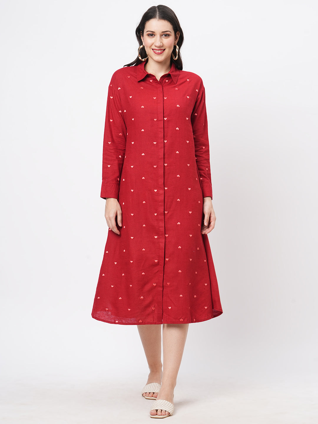 Summery Red Calf Length Dress With Collar And Concealed Placket And Embroidery On The Front.