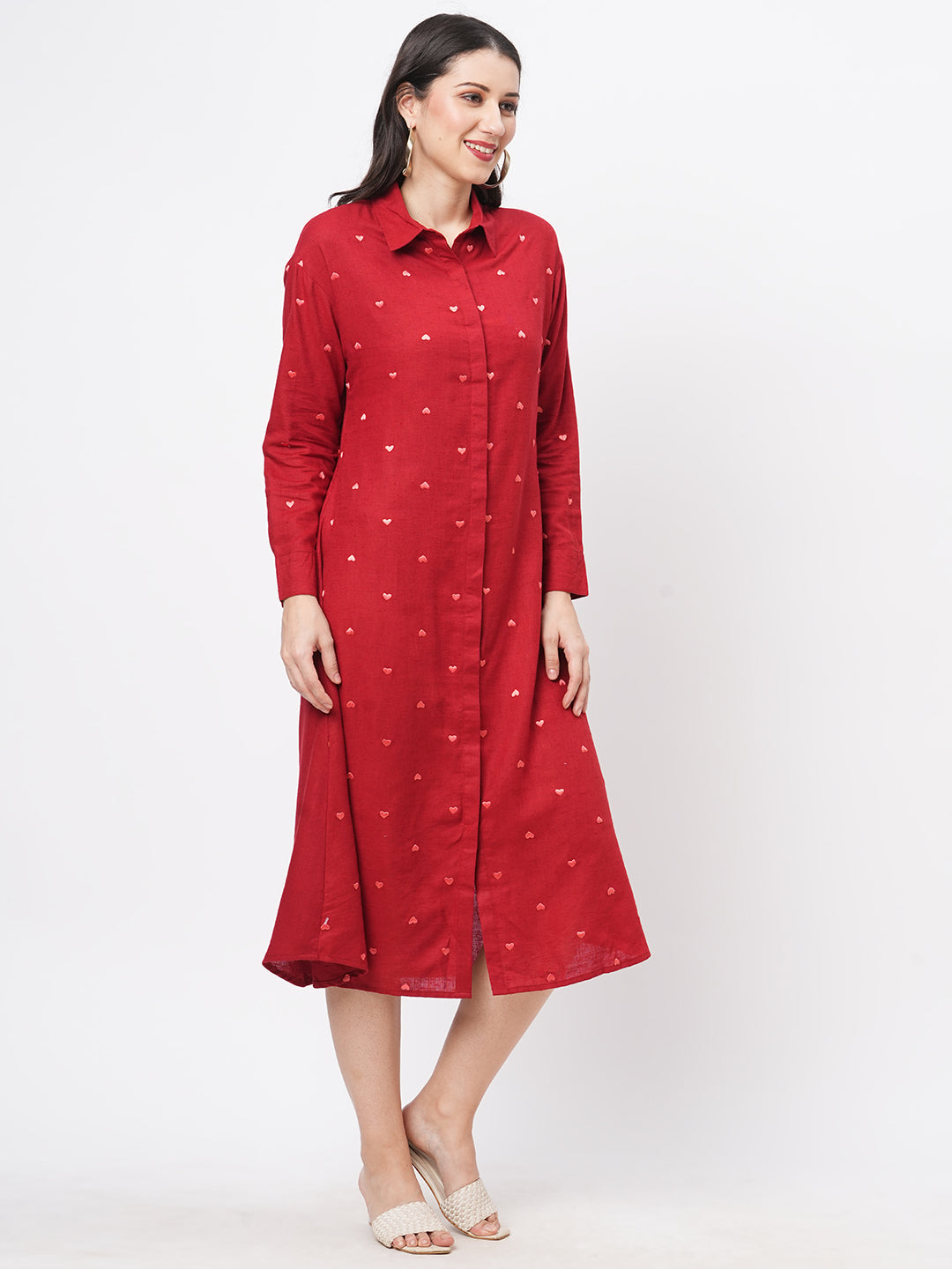Summery Red Calf Length Dress With Collar And Concealed Placket And Embroidery On The Front.