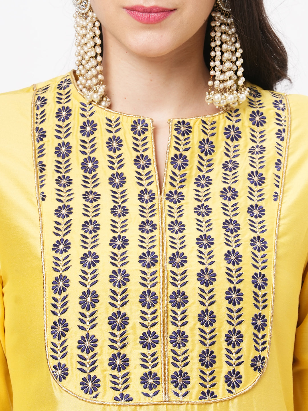 Canary Yellow Silk Blend Ethnic Kurta With Contrast Green Floral Embroidery Yoke.