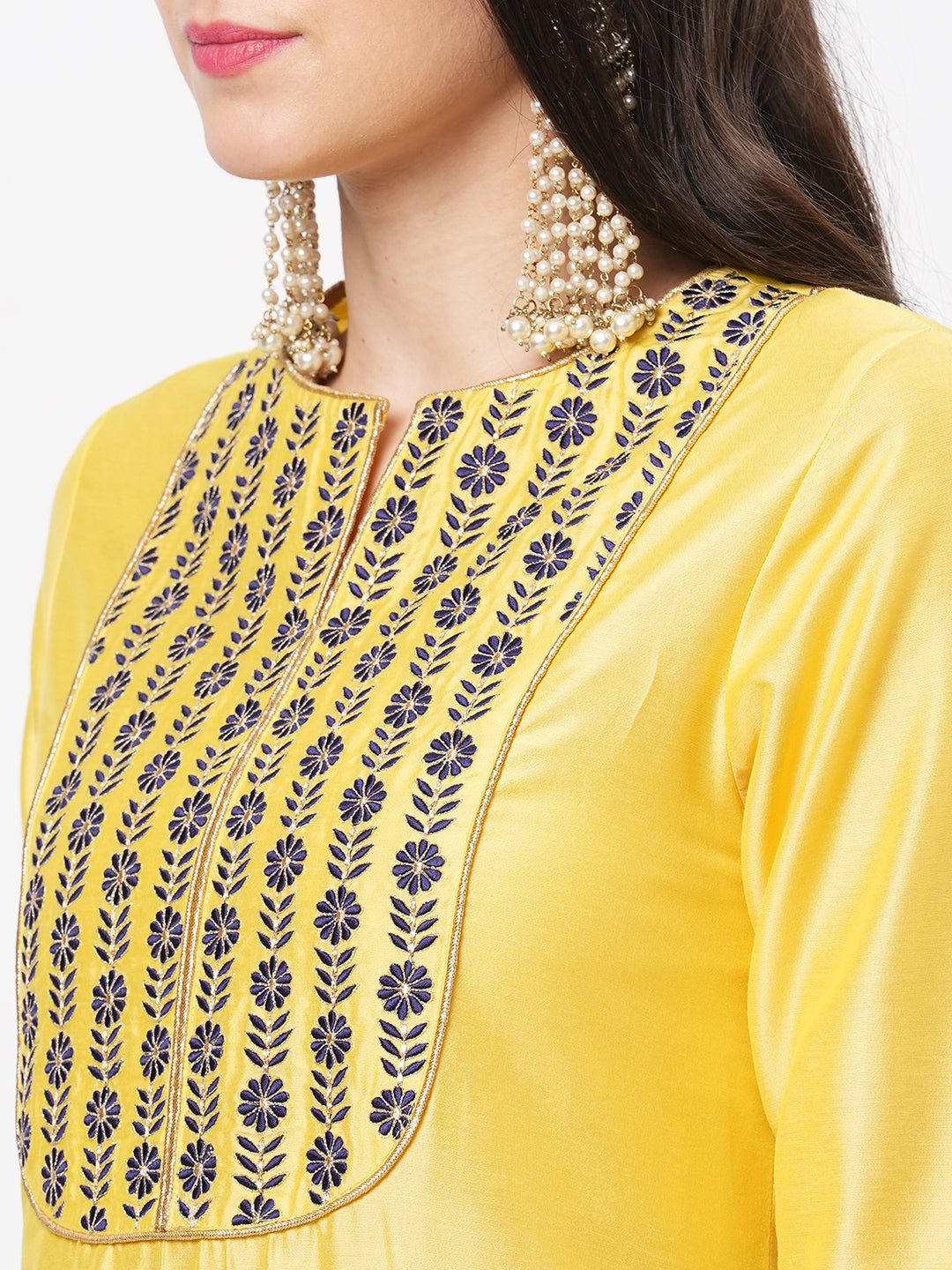 Canary Yellow Silk Blend Ethnic Kurta With Contrast Green Floral Embroidery Yoke.