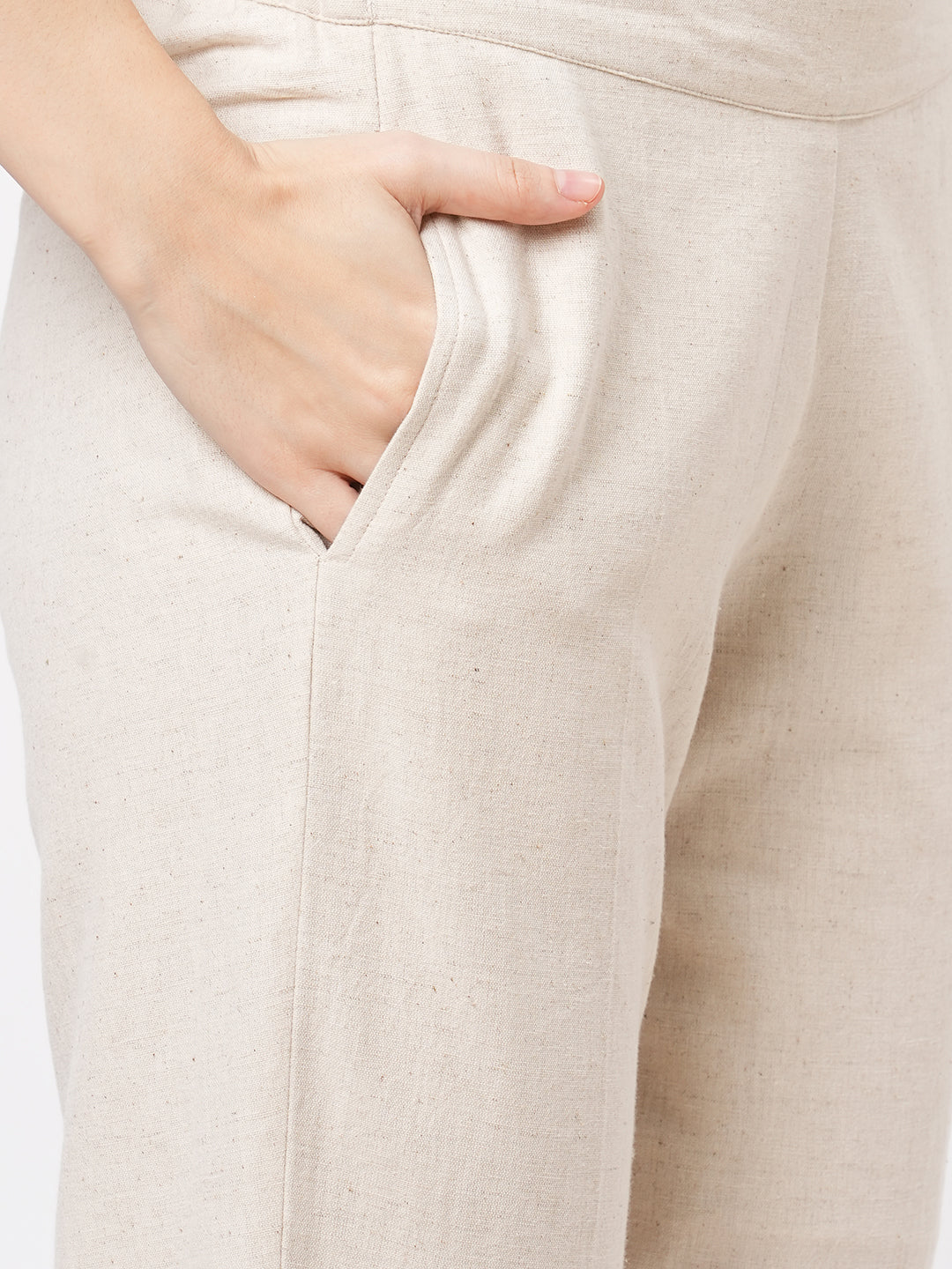 Embroidered Short Tunic With Solid Slim Fit Pants In Natural Cottonflex