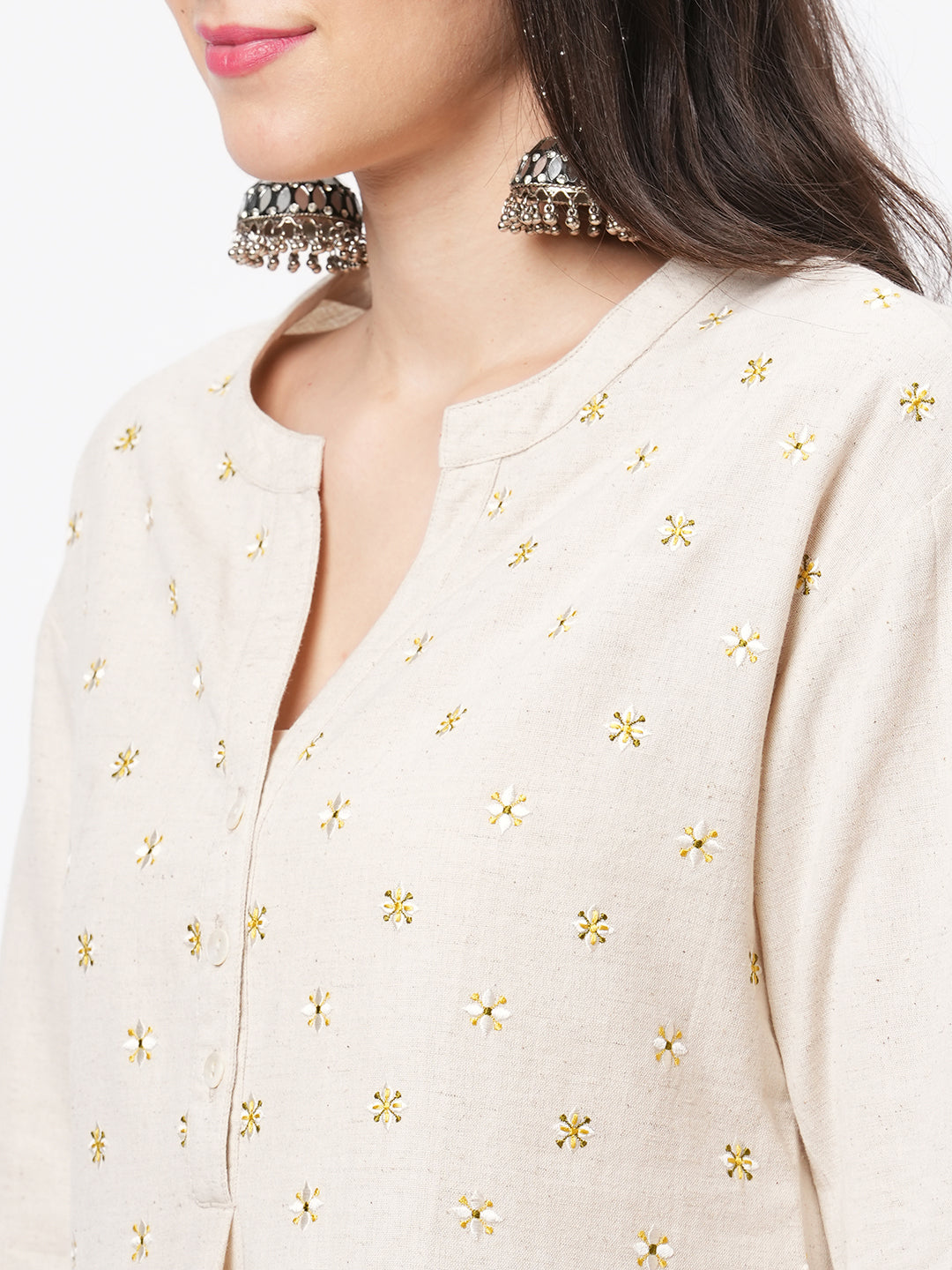 Embroidered Short Tunic With Solid Slim Fit Pants In Natural Cottonflex
