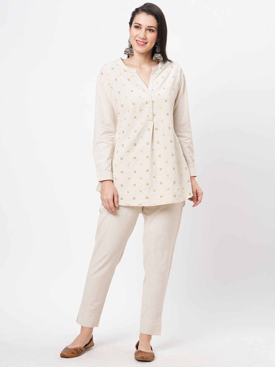 Embroidered Short Tunic With Solid Slim Fit Pants In Natural Cottonflex