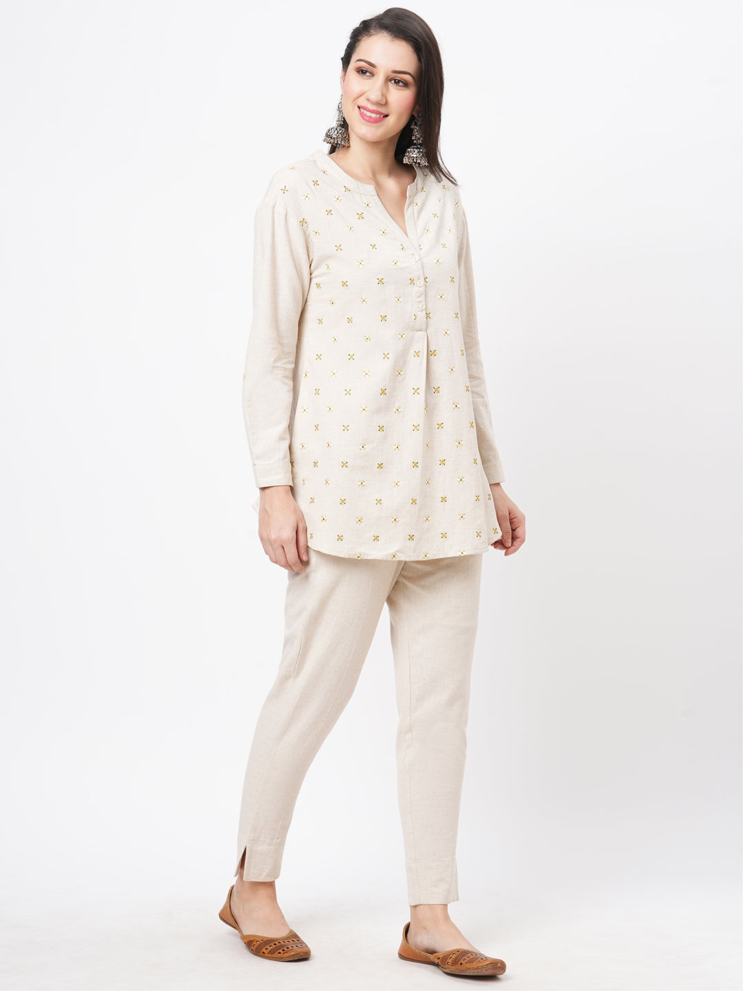 Embroidered Short Tunic With Solid Slim Fit Pants In Natural Cottonflex