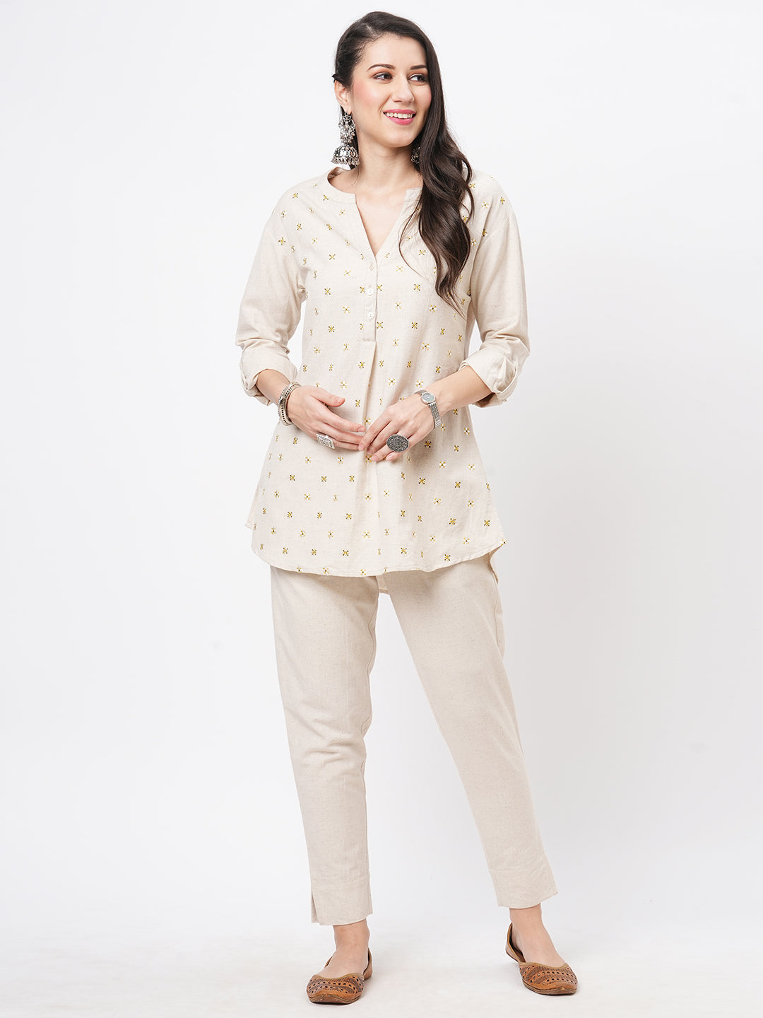 Embroidered Short Tunic With Solid Slim Fit Pants In Natural Cottonflex
