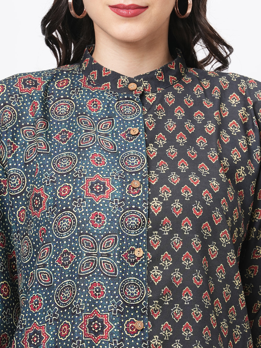 Featuring An Green Kaftan In Two Prints Complimenting Each Other With Front Button Placket