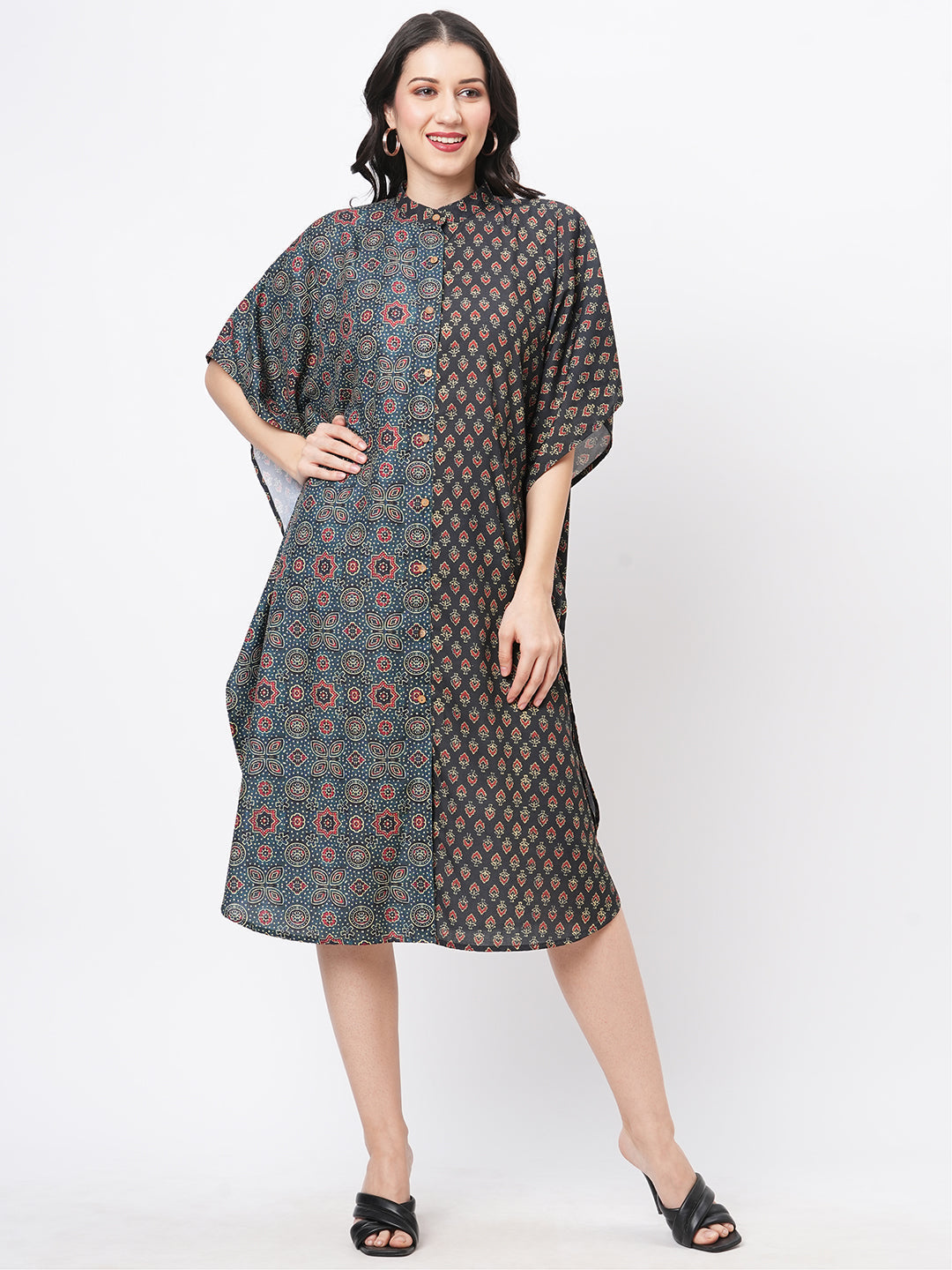 Featuring An Green Kaftan In Two Prints Complimenting Each Other With Front Button Placket