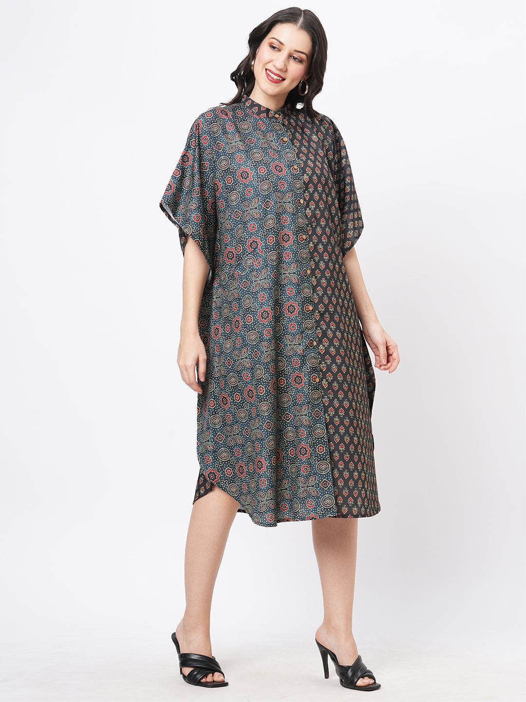 Featuring An Green Kaftan In Two Prints Complimenting Each Other With Front Button Placket