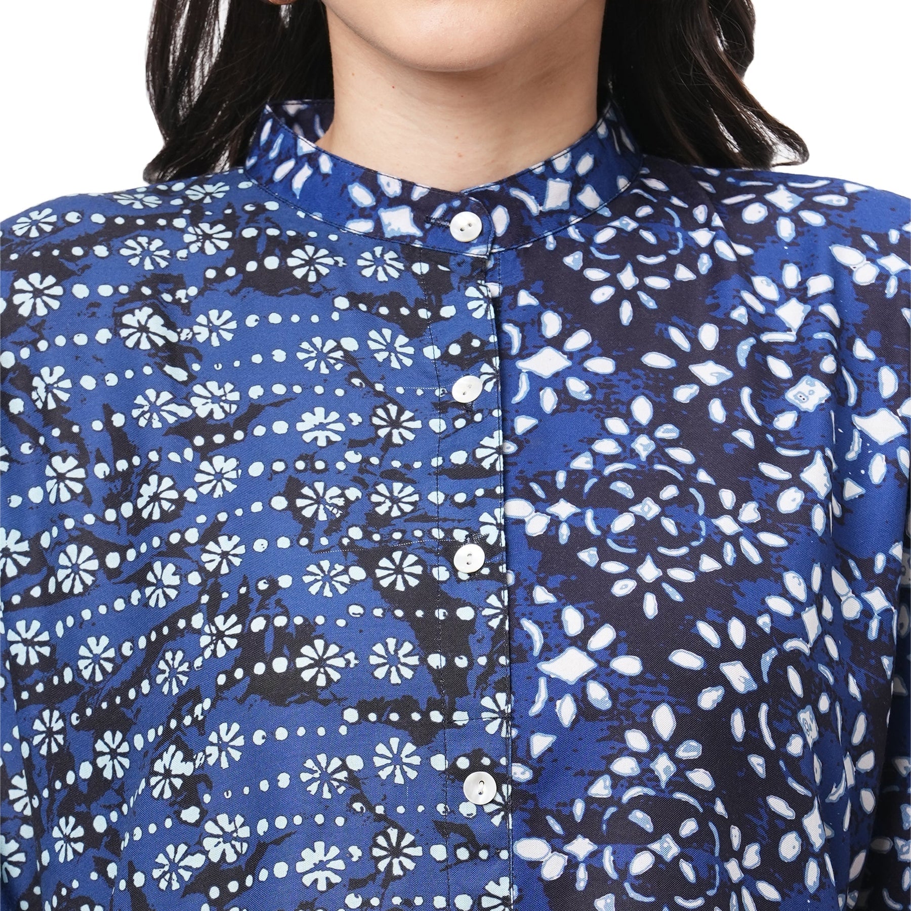 Featuring An Indigo Kaftan In Two Prints Complimenting Each Other With Front Button Placket