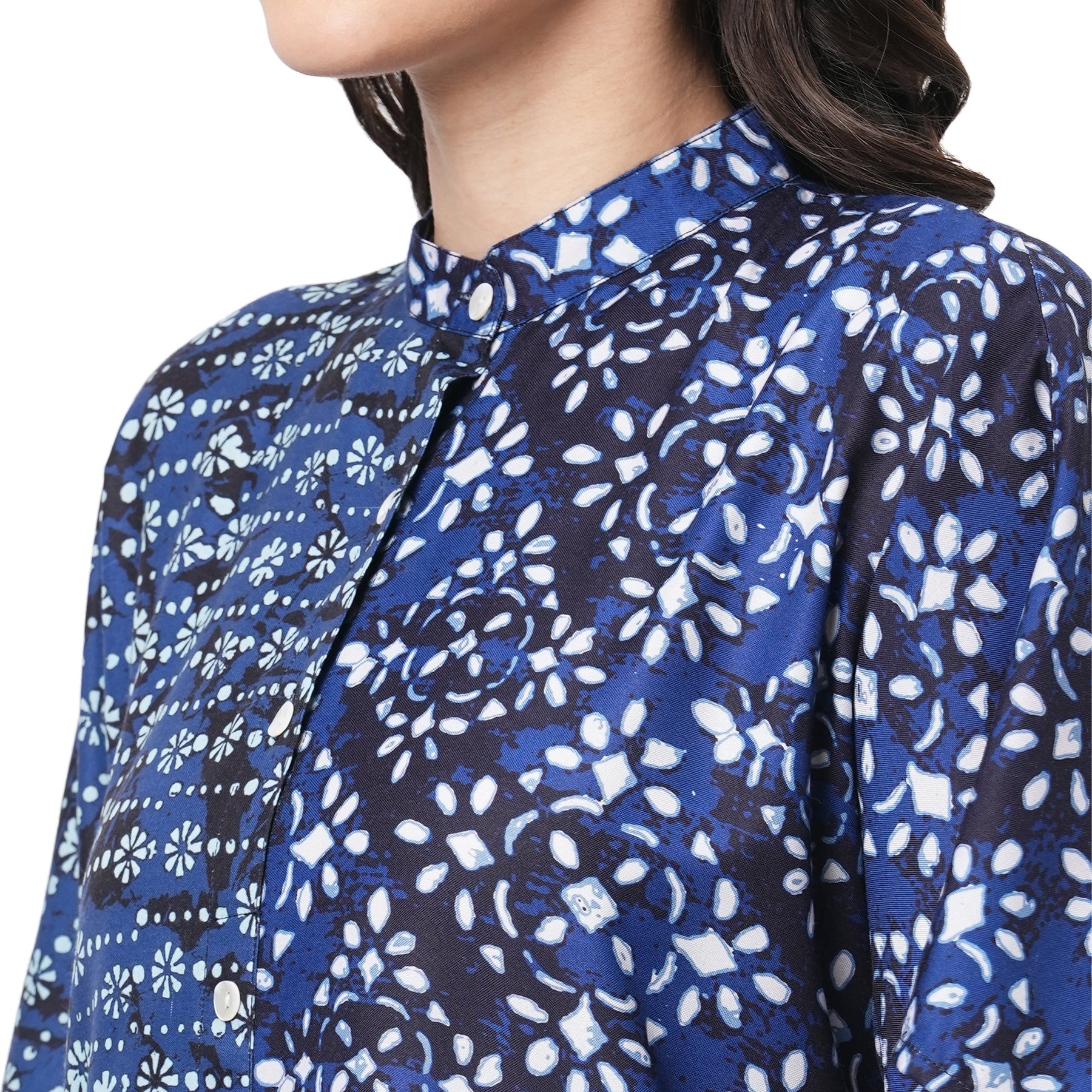 Featuring An Indigo Kaftan In Two Prints Complimenting Each Other With Front Button Placket