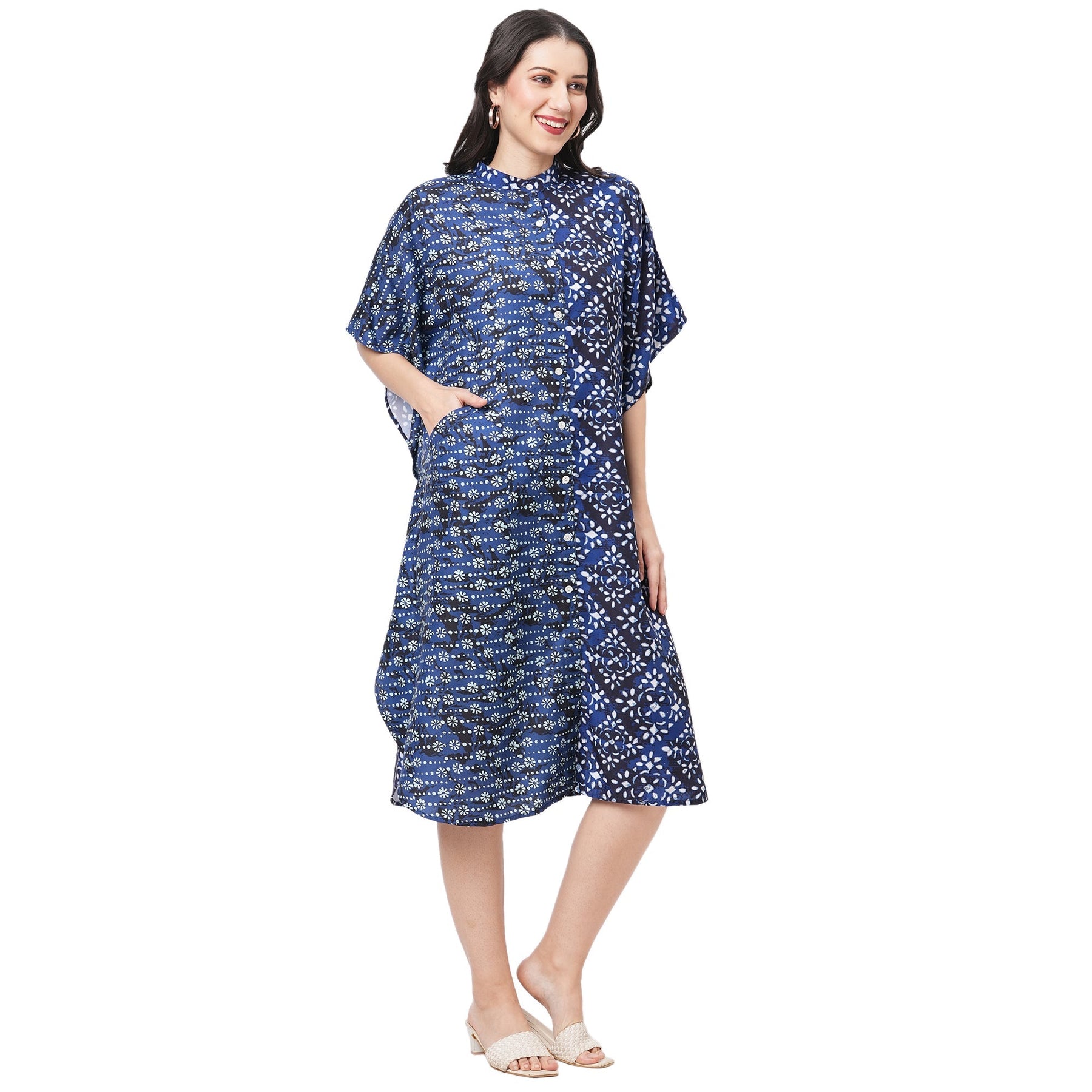 Featuring An Indigo Kaftan In Two Prints Complimenting Each Other With Front Button Placket