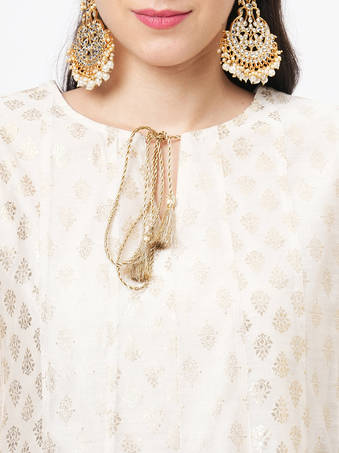 Opulent Offwhite Chanderi Anarkali Kurta With Two Prints In Gold And Complimenting Gold Chord At The Neck