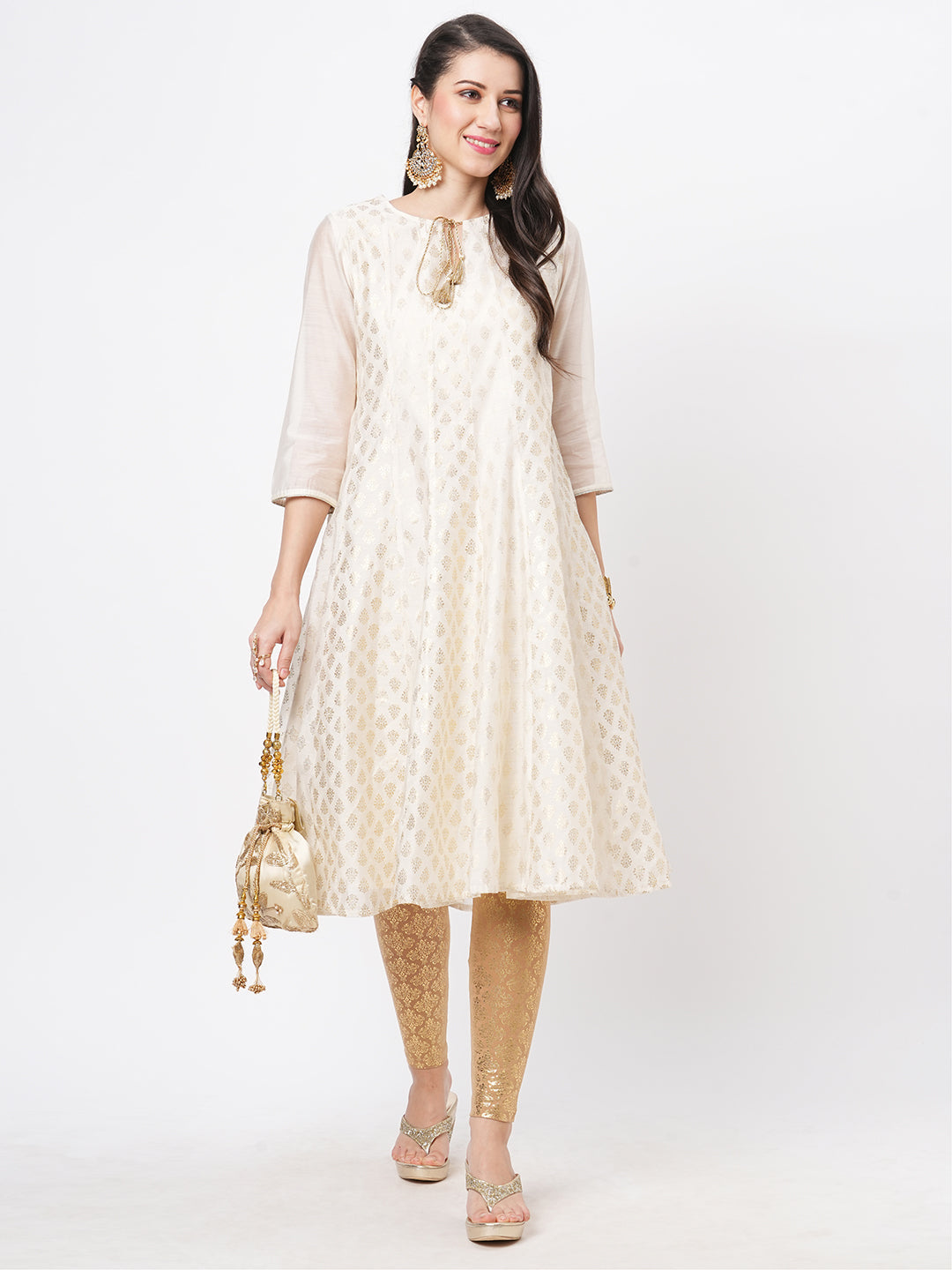 Opulent Offwhite Chanderi Anarkali Kurta With Two Prints In Gold And Complimenting Gold Chord At The Neck