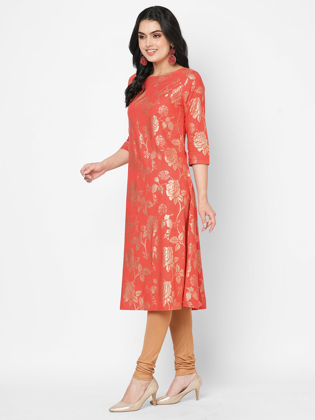Fit And Flare Festive Coral Kurta With Gold All Over Print