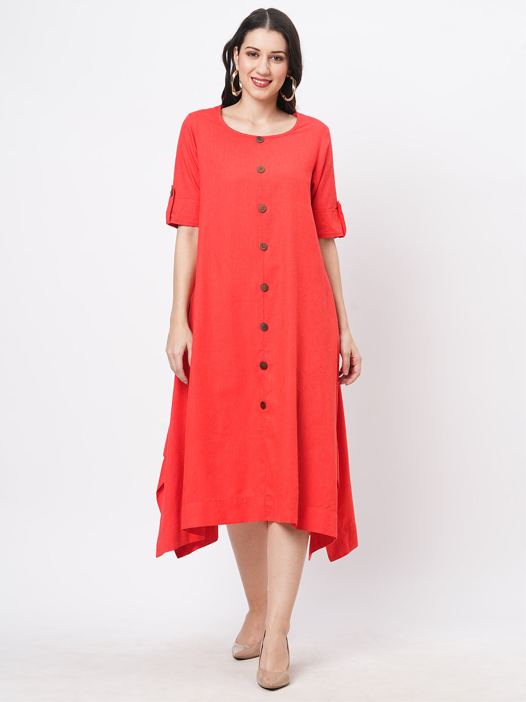 Featuring A Cotton Flex Hanky Hem Shirt Dress With Wooden Buttons