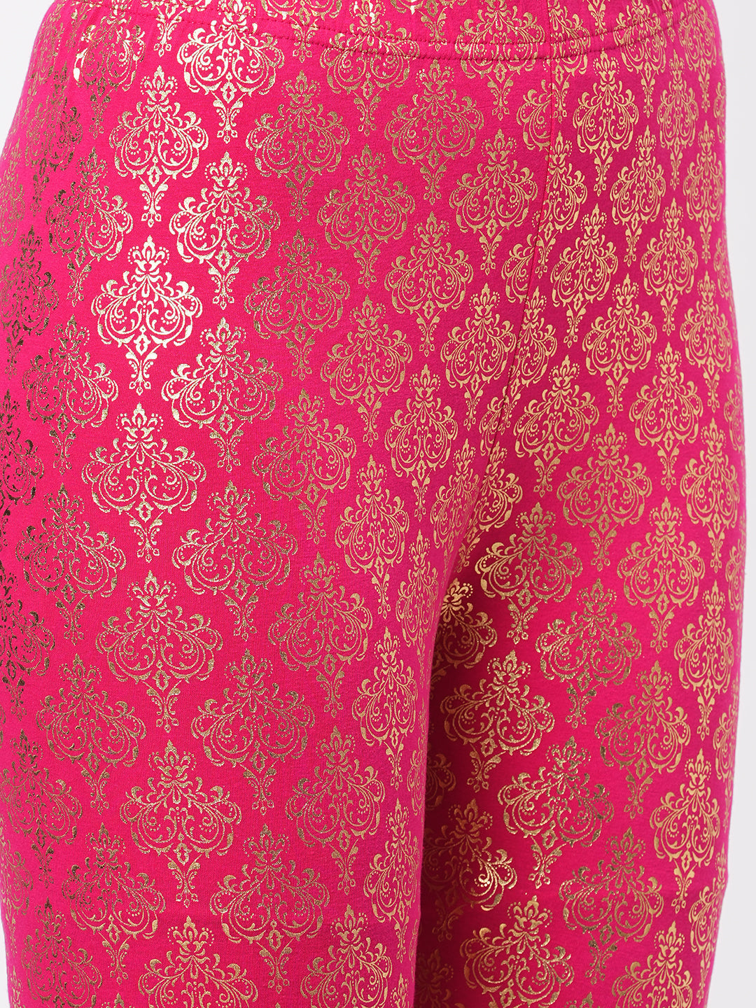 Spell Binding Gold Foil Printed Cotton Lycra Fuschia Legging Handcrafted For You.