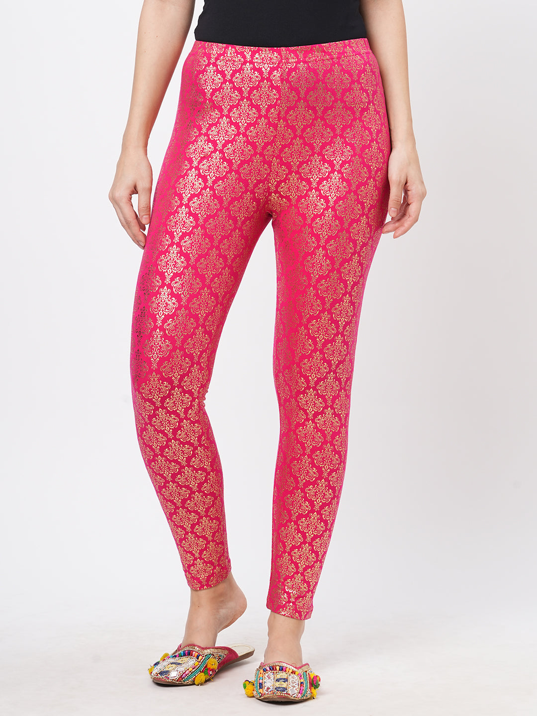 Spell Binding Gold Foil Printed Cotton Lycra Fuschia Legging Handcrafted For You.