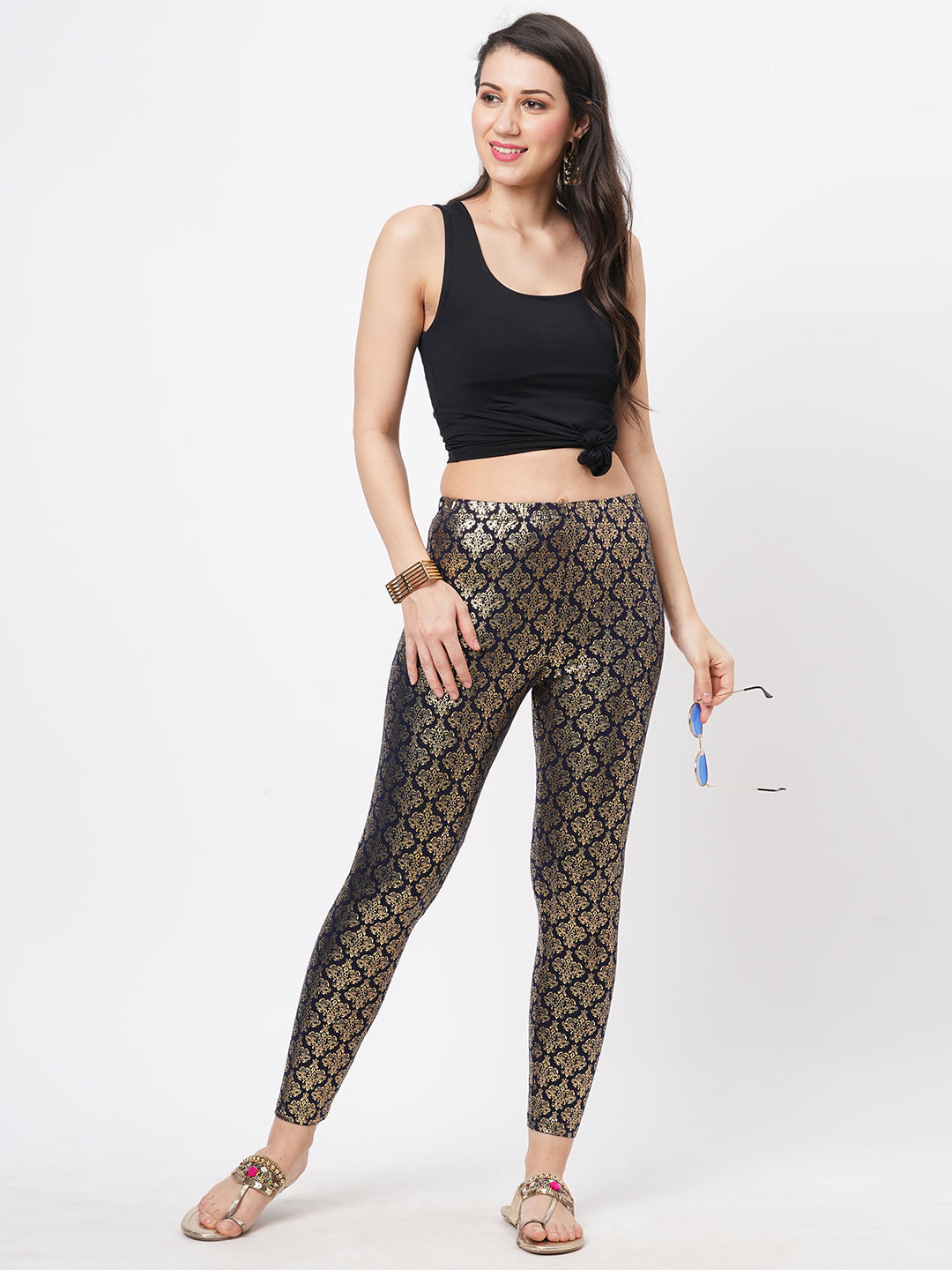 Spell Binding Gold Foil Printed Cotton Lycra Navy Legging Handcrafted For You.