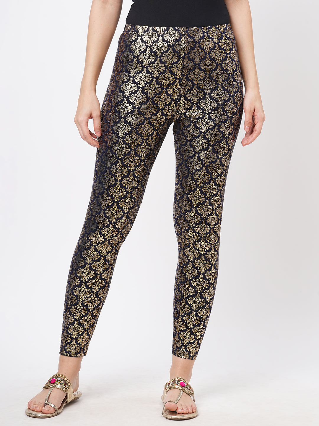 Spell Binding Gold Foil Printed Cotton Lycra Navy Legging Handcrafted For You.