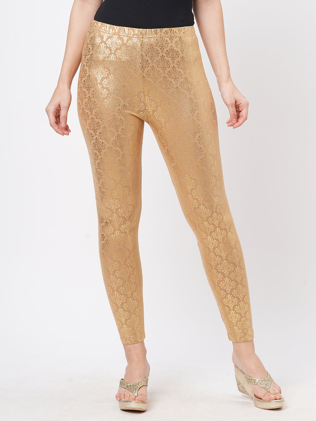 Spell Binding Gold Foil Printed Cotton Lycra Beige Legging Handcrafted For You.