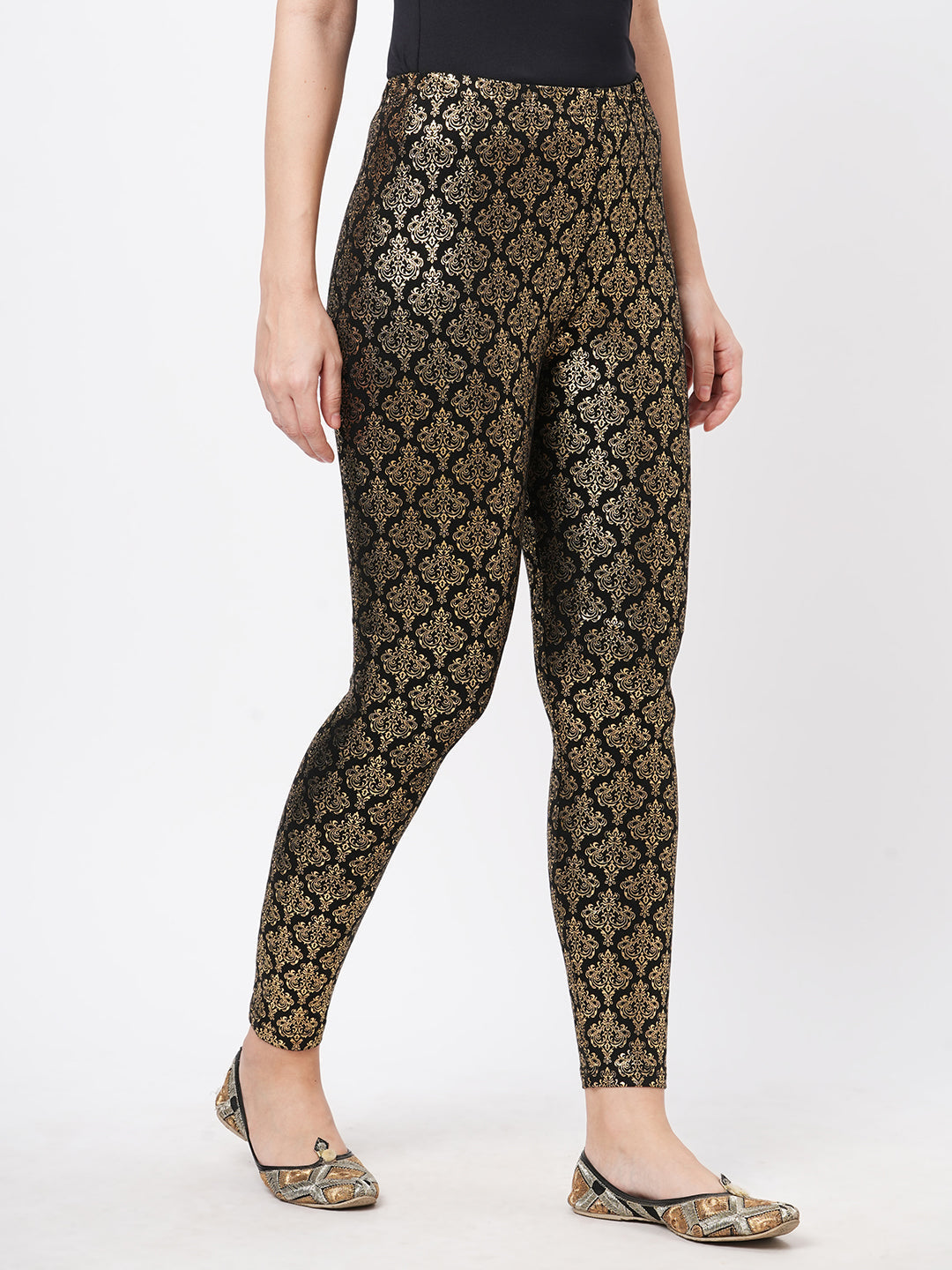 Spell Binding Gold Foil Printed Cotton Lycra Black Legging Handcrafted For You.