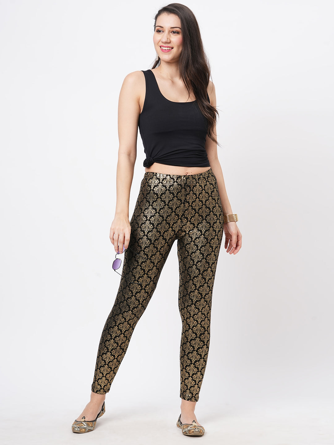Spell Binding Gold Foil Printed Cotton Lycra Black Legging Handcrafted For You.